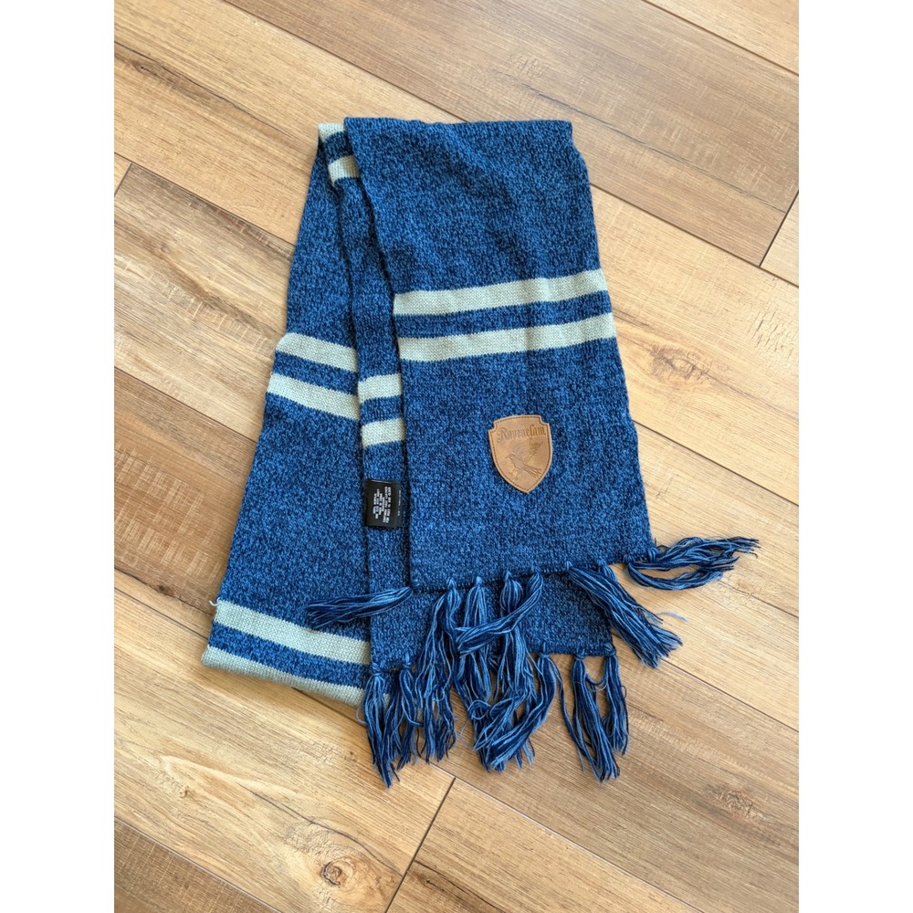 Harry Potter Ravenclaw Scarf Blue Grey Striped Knit Fringed Eagle Crest Patch